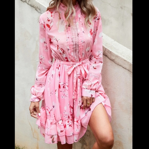 Floral Pink Belted Dress - Picture 5 of 6